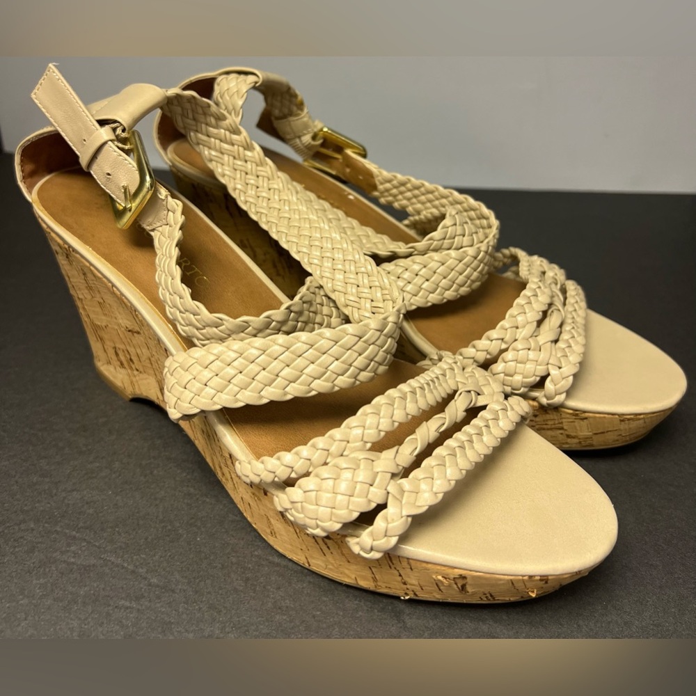 Franco Sarto- Cream Wedge Sandals, Size:10M, Some cork‎ lift, Pre-Owned